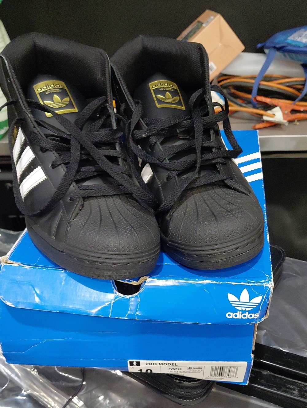 adidas Mens Black Sneakers with White Stripes and Gold Logo